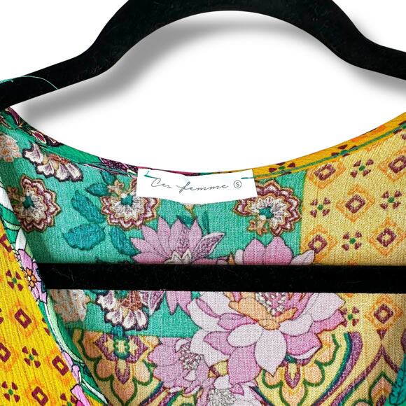 Ces Femme NWOT Boutique Bohemian Button Long Sleeve Tiered Flowy Mini Dress - Picture 4 of 6